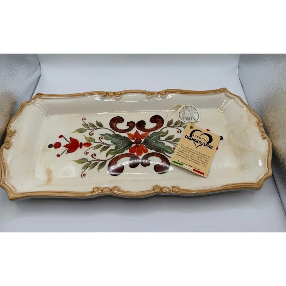 Italian Ceramic Rectangular Serving Tray Ceramica Cuore Floral Made in Italy